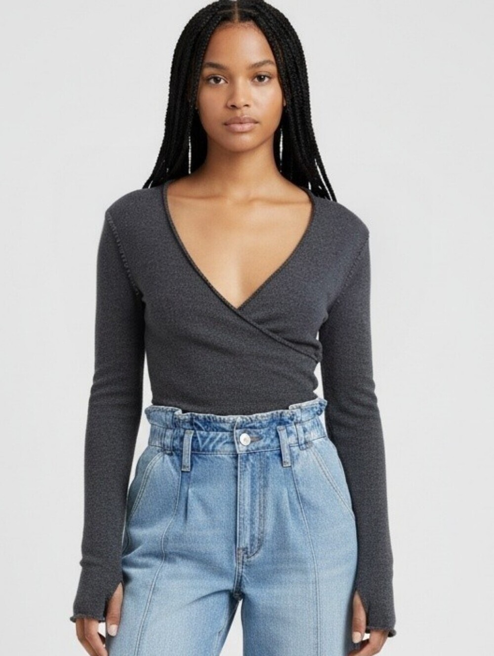 We The Free Charcoal V Neck Long Sleeve Top Medium #SW11